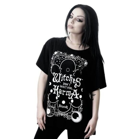 Killstar Karma Scoop Neck Top – Oversized Black & White Cotton Graphic Tee M - Picture 1 of 8
